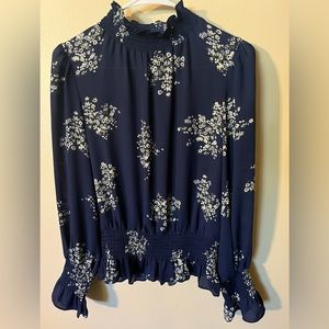Meraki navy floral mock-neck top